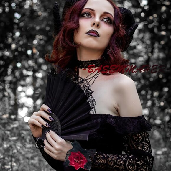 Gothic Rose Lace Gloves Lolita Hand Sleeve Black Lace Elastic Bracelet Wine Red - Picture 5 of 6